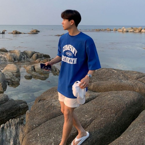 MYQ Klein Blue Short Sleeve T-shirt Men's Summer Korean Style Trendy Letter Foam Print Pure Cotton Half Sleeve T-shirt