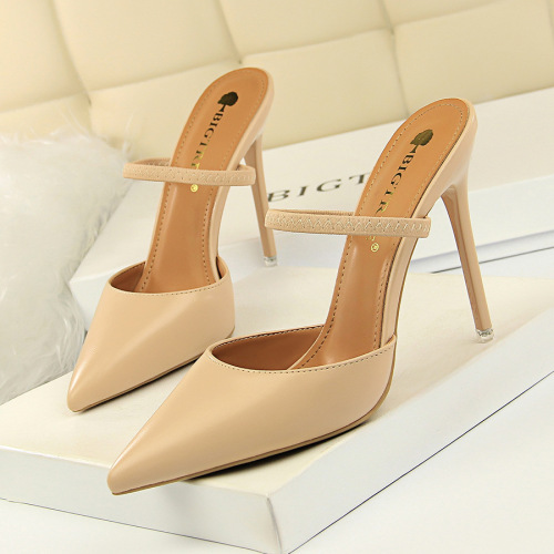 86-10 European and American style retro simple bag-toe slippers thin heel high heels shallow tip hollow one-strip women's slippers