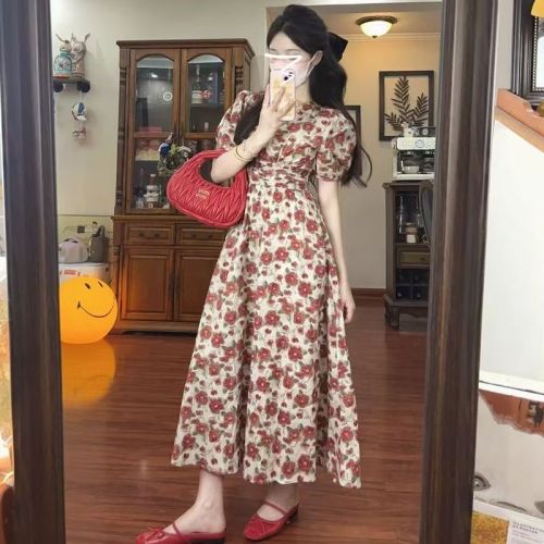 Summer red floral dress for women new waist-hugging long skirt tea break French temperament high-end