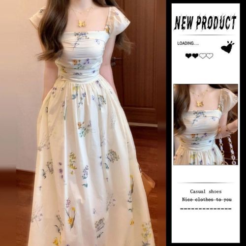 French square neck small flying sleeve floral dress for women's summer new style waist-retracted and backless temperament A-line long skirt