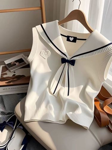 Cream White Navy Collar Bow Knot Vest for Women 2025 Spring New Arrival Korean Style Fashion Knit Backless...