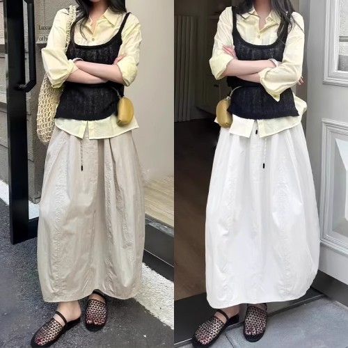Working skirt for women 2025 summer new high-waist fluffy pumpkin skirt drawstring A-line slim midi skirt