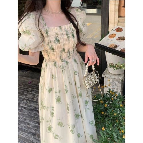 Platycodon style square collar floral dress summer fashion women's clothing forest temperament vacation super fairy princess long skirt