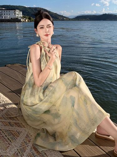 Loose sleeveless off-shoulder smudged neck dress summer lazy style casual vacation small over-knee long skirt