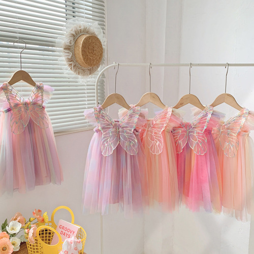 Cross-border Amazon Rainbow Wings Mesh Girls Dress 2024 Summer Flying Sleeve Baby Princess Skirt