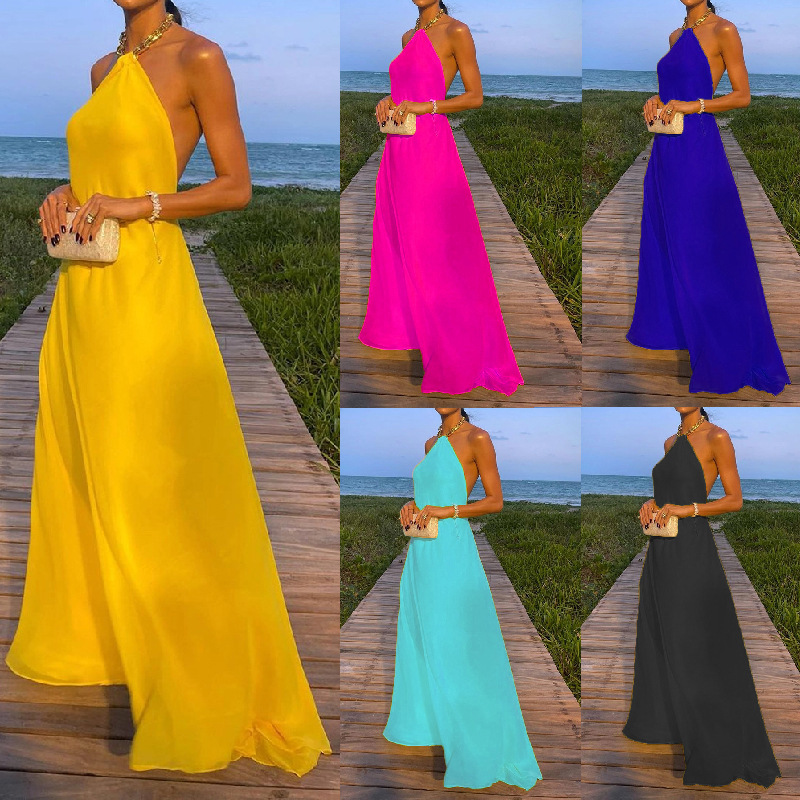 Cross-border independent station 2024 new European and American summer sexy solid color halter neck sway backless floor long skirt dress