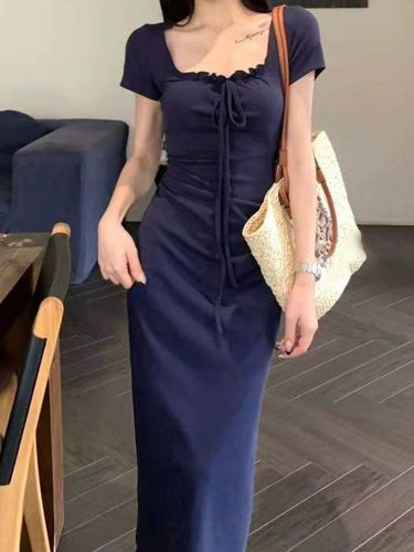 French blue hip-covered dress for women in summer new high-end style waist-hugging and slimming temperament fish tail long skirt