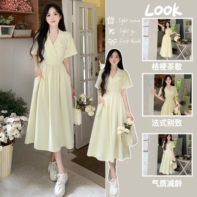 New style suit collar waist-hugging slimming pocket design dress for women