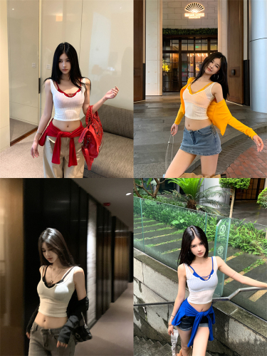 Real shot~Slim-fitting and slim knitted cardigan suit for women, pure hot girl strapless vest three-piece summer