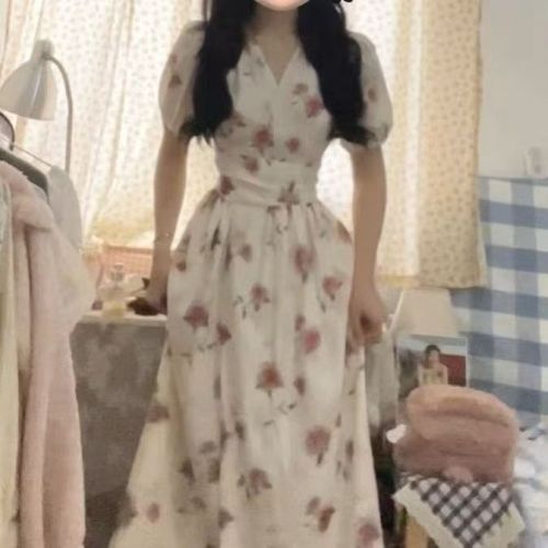 Temperament rose one-slice dress summer Korean simple strap short-sleeved long skirt