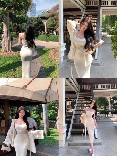 Human World Yatiao Pure Color Hollow Waistband Strap Dress Slimming Knitted Vest Long Dress 