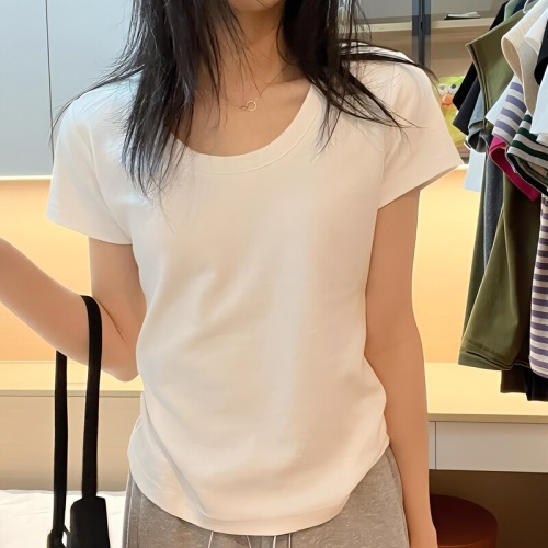 Summer short-sleeved T-shirt for women's front shoulder simple basic style water droplet u neck niche design slim and slim versatile top