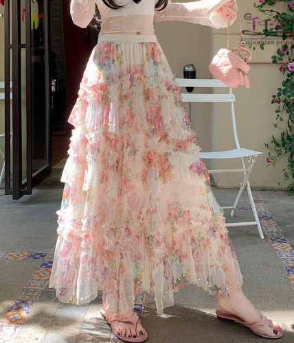 Real shot of beaded irregular skirt hem yarn skirt cake skirt mesh long skirt