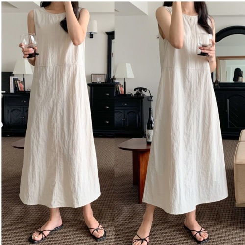 Korean chic retro round neck bright line backless design loose long vest cotton linen dress for women