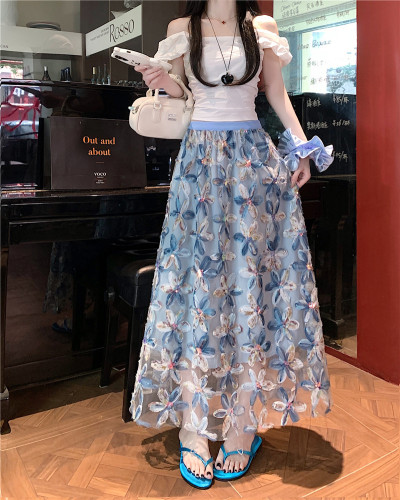 Real shot of mesh skirt for women with high waist slim embroidered sequin a line skirt for gauze skirt