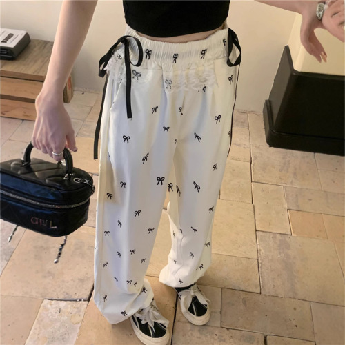 Sweet hot girl bow lace spliced ​​casual pants for women in autumn design loose elastic waist wide-leg pants straight pants