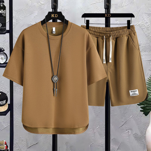 Fashion suit men's waffle short-sleeved T-shirt trendy brand summer new loose Korean style trendy sports and casual two-piece set