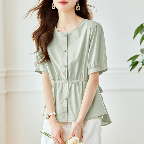 Manufacturer direct sale pure cotton round neck short-sleeved shirt for women in summer new loose and versatile slim-breasted shirt