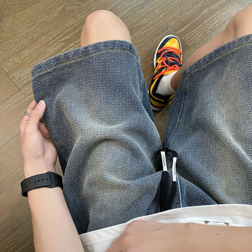 Starry sky pattern denim shorts men's trendy summer thin ice silk four-and-five-point pants American retro high street casual mid-sized pants