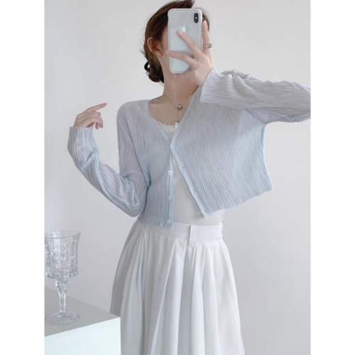 Sunscreen cardigan for women with thin suspender skirt summer short top bamboo joints ice silk with long sleeve collar blouse