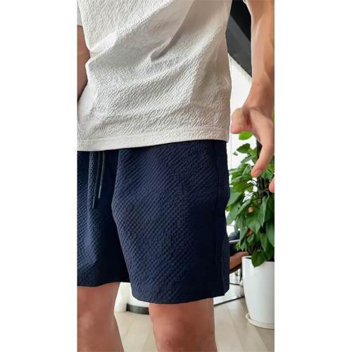 Navy blue bubble yarn 4-point shorts men's summer thin American quick-drying sweatpants but knee straight-leg medium pants