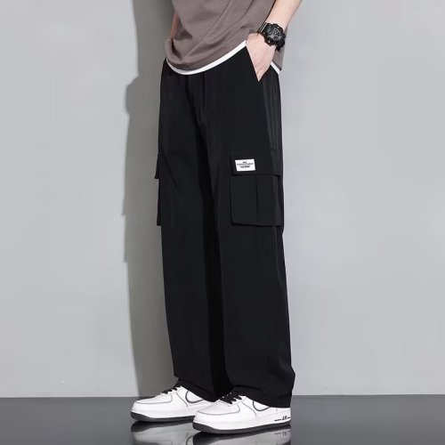 2025 Fashion work pants men's trendy brand loose straight ice silk spring and autumn new multi-pocket teenager pants summer