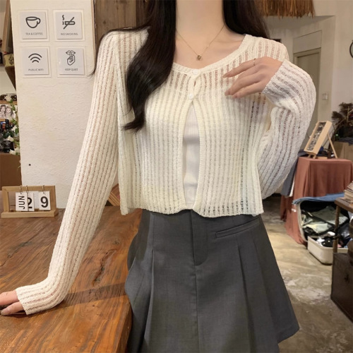 New Korean style loose short hollow long sleeve thin sunscreen knitted cardigan top in summer