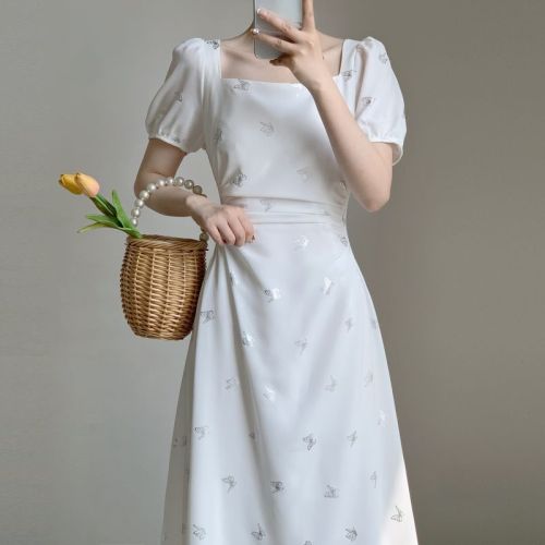 High-end butterfly white square collar dress for women in summer new French beautiful temperament and fresh first love long skirt