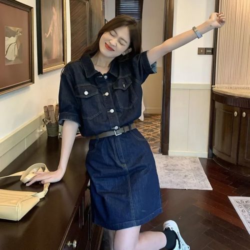 Short-sleeved denim dress for women in summer new loose large size waist-retracting and relaxing casual and age-reducing temperament skirt