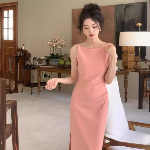 French one-length waist slit dress for women in summer new high-end style slim sling skirt