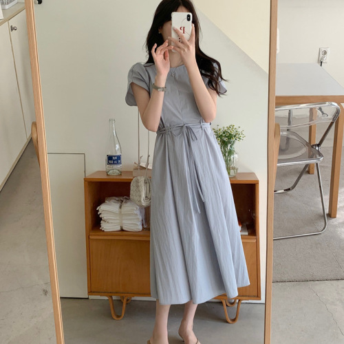 Spot Korea waist-hugging lace-up dress light-climbed style long skirt A-line skirt