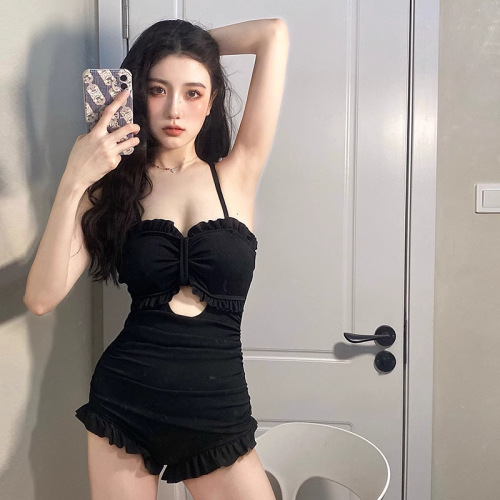 Women's one-piece swimsuit hot summer high-end sexy pure desire suspender flat corners to cover flesh to make it look slim and long-sleeved shirt sun protection