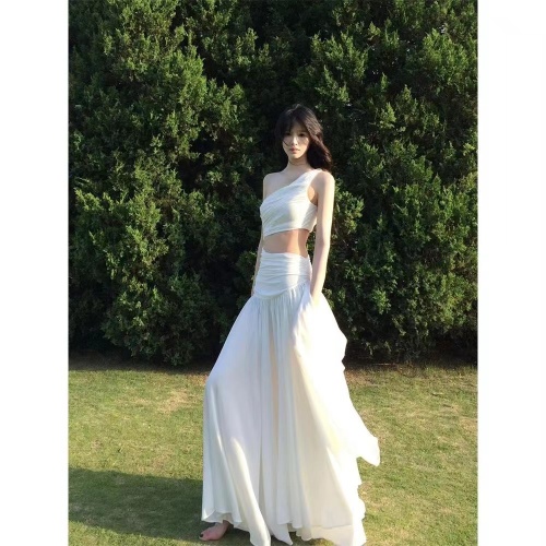 【Original Quality】French White Sleeveless Side Shoulder Dress Women's Summer Design Long Dress Vacation Style Skirt
