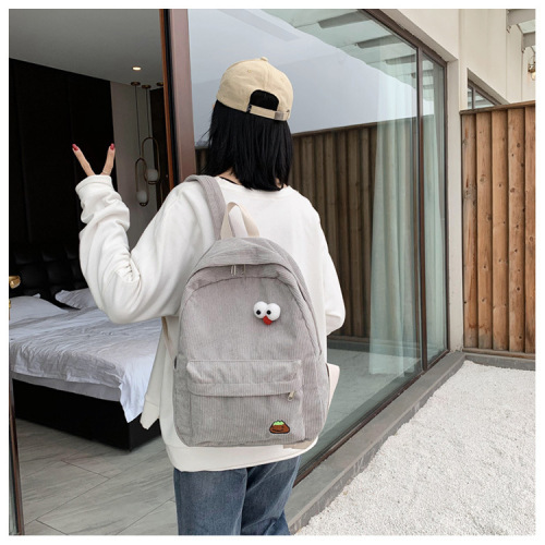 Corduroy backpack for women trendy and versatile Korean version cute fresh campus backpack ins style school bag