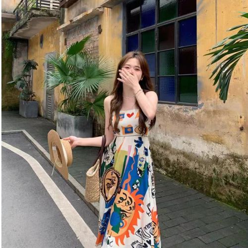 Retro ethnic style suspender dress for women in spring beach vacation graffiti printed sleeveless vest long skirt lazy skirt