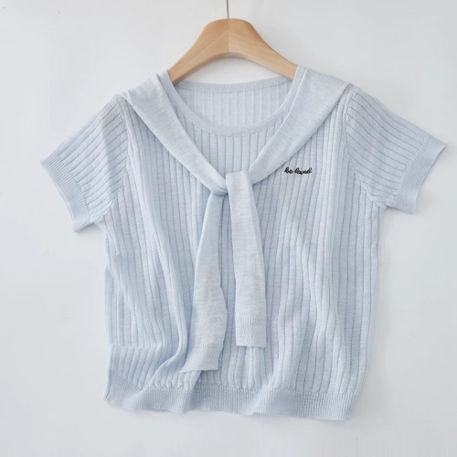 Korean-style college blue ribbon knit short-sleeve women's T-shirt 2025 new summer slimming and stylish matching top
