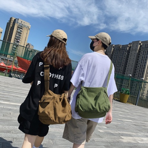 Summer Ins Canvas Bag Japanese and Korean style literary style male student solid color shoulder bag Harajuku crossbody cloth bag
