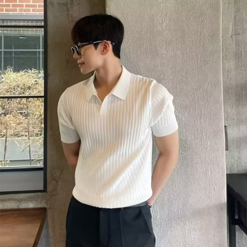 Summer mature POLO Korean style slim lapel solid color casual thin half-sleeved trendy knitted top T-shirt