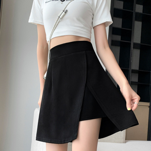 Hip-covered skirt large size black A-line high waist slit skirt summer 2025 new short skirt irregular skirt women