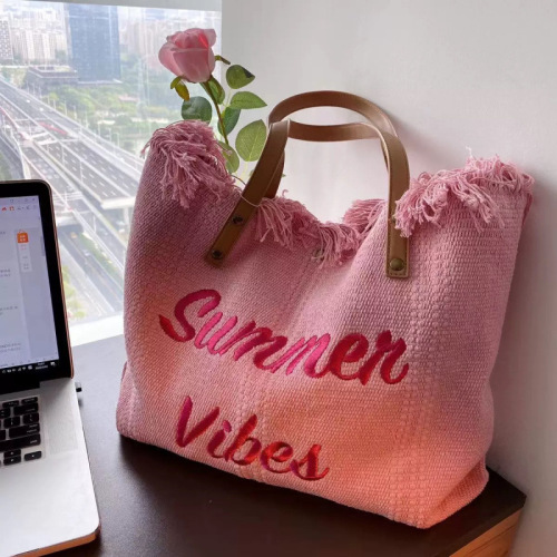 Large Capacity Canvas Bag Embroidered Letter Tote Bag Handbag Women's Woven Beach Bag Crossbody Bag