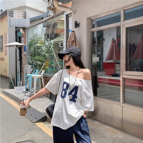 Design Letter Print Off Shoulder T-Shirt Women 2025 New Summer Casual Loose Mid-length Student Top Women 