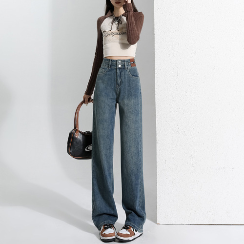 Retro blue wide-leg jeans for women in autumn and winter plus velvet new high-waisted pear-shaped straight loose floor pants for autumn