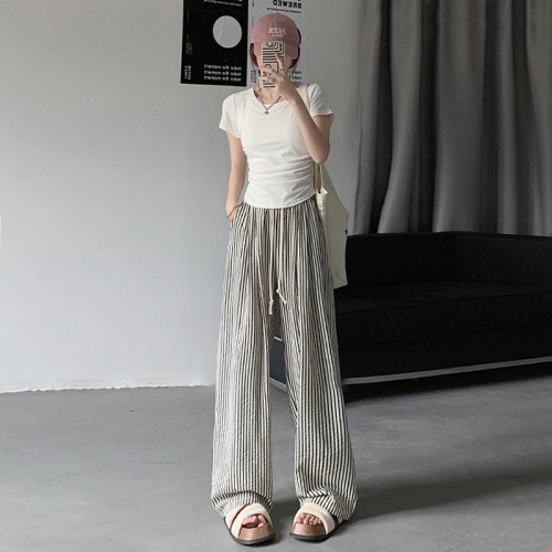 Striped wide-leg pants for women, summer Korean style, new casual pants for women and girls, lazy style, slimming, elastic waist, loose and drapey, floor-length