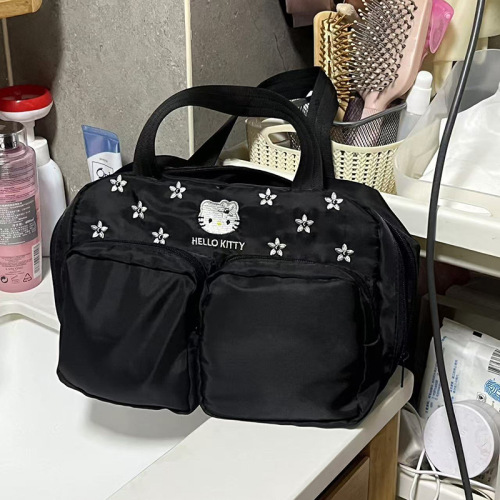 Middle-aged Hello Kitty Black Embroidery Travel Makeup Storage Bag Large Capacity Layered Portable Toilet Bag