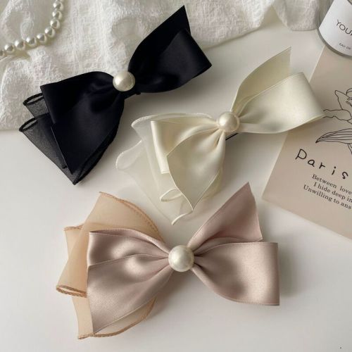 Korean elegant black satin bow duckbow clip temperament pearl small fragrance style side bangs hair accessories hair clip women
