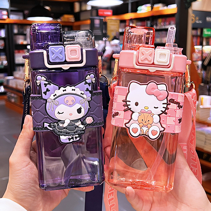 Aikes Sanrio Square Straw Water Cup Children's High-Pretty Double Drinking Cup Students' Anti-fall Plastic Water Cup