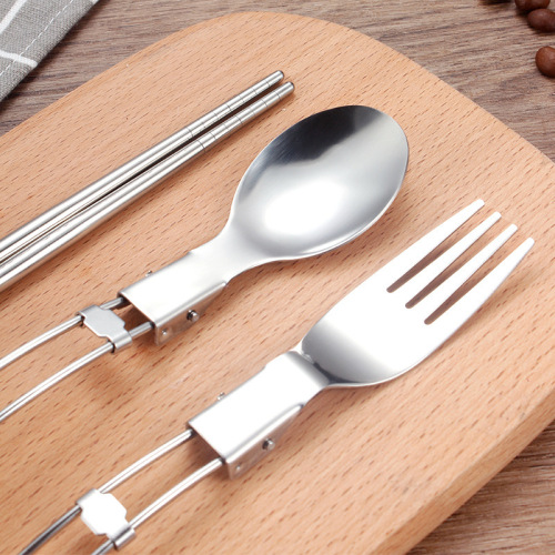 304 stainless steel folding tableware three-piece set outdoor multi-functional folding spoon, fork, chopsticks and knife portable tableware
