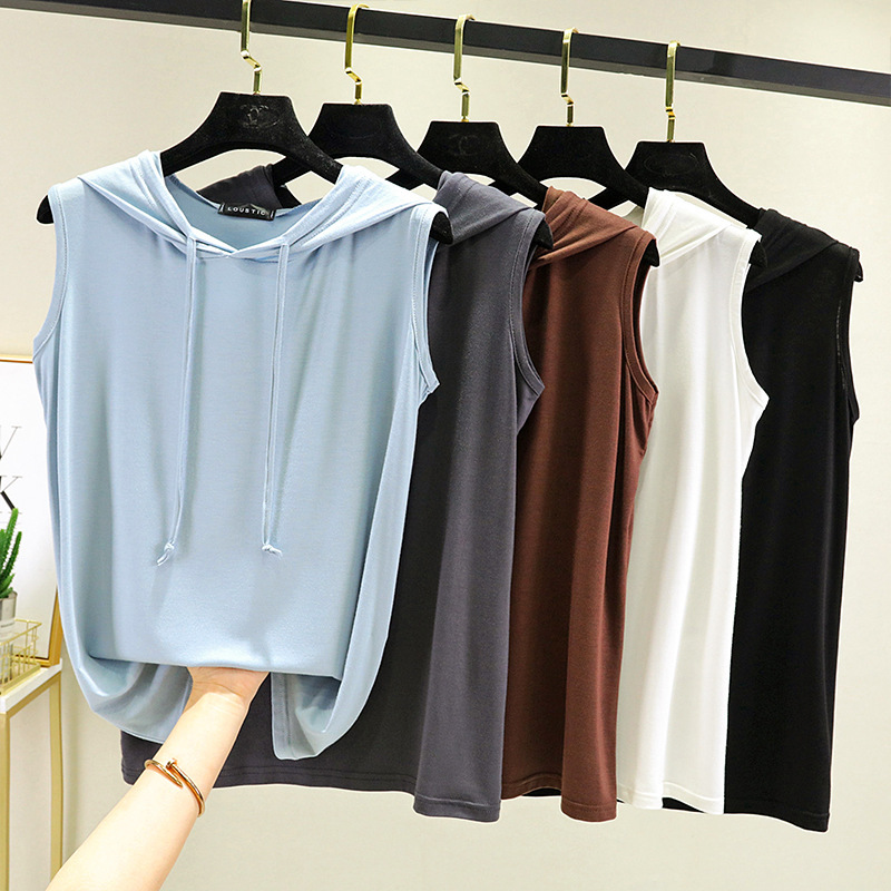 Women's Spring Thin Modal Sleeveless T-Shirt Top Hooded Sweatshirt Loose Fit Large Size Slimming Cap Sleeveless T-Shirt