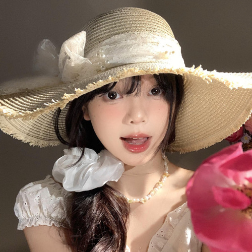 New sun protection high-end straw hat big brim lace bow women's sun hat summer outdoor beach hat