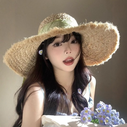 French bow Raffie straw hat women summer big hat brim sun protection hat beach beach vacation knit hat